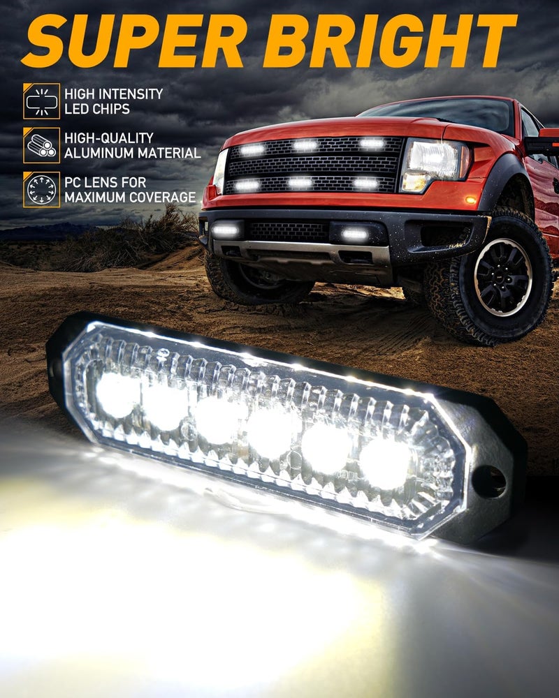 HLauto 406T Emergency Strobe Grille Lights: 4Pcs 6 LED Sync Feature Safety Warning Flashing Light, 12V-24V Ultra Slim Surface Mount Hazard Caution Light for Truck, Vehicle, Car, ATV, UTV (White) - Image 2